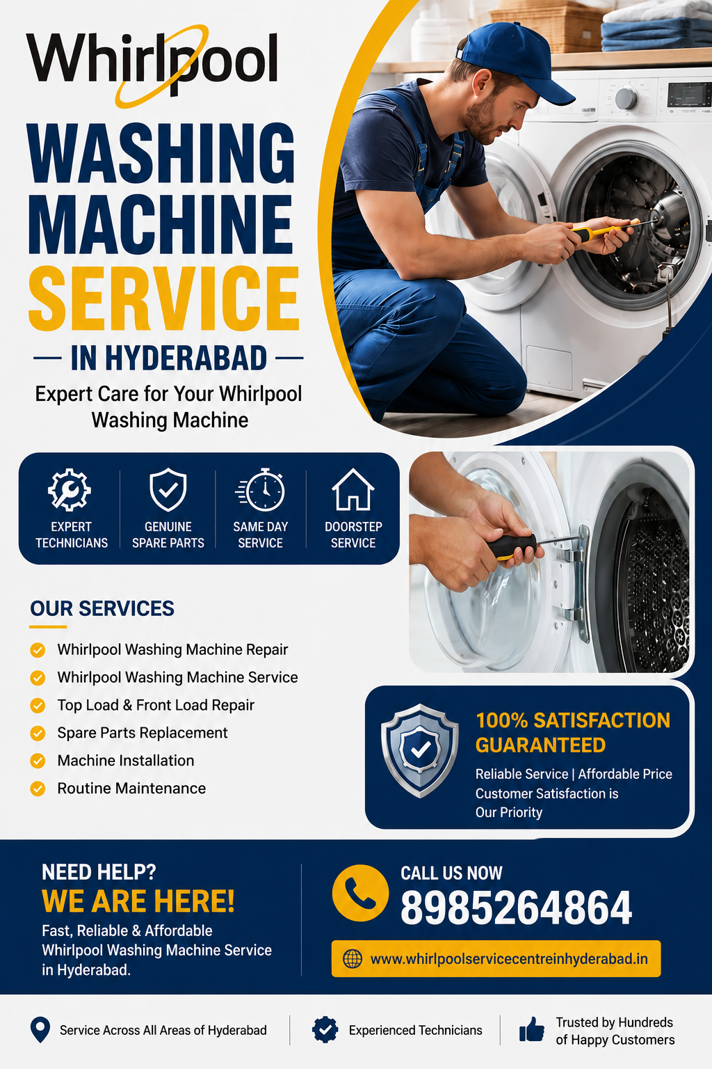 Whirlpool Washing Machine Repair Near Me engineer repairing a top load washing machine.