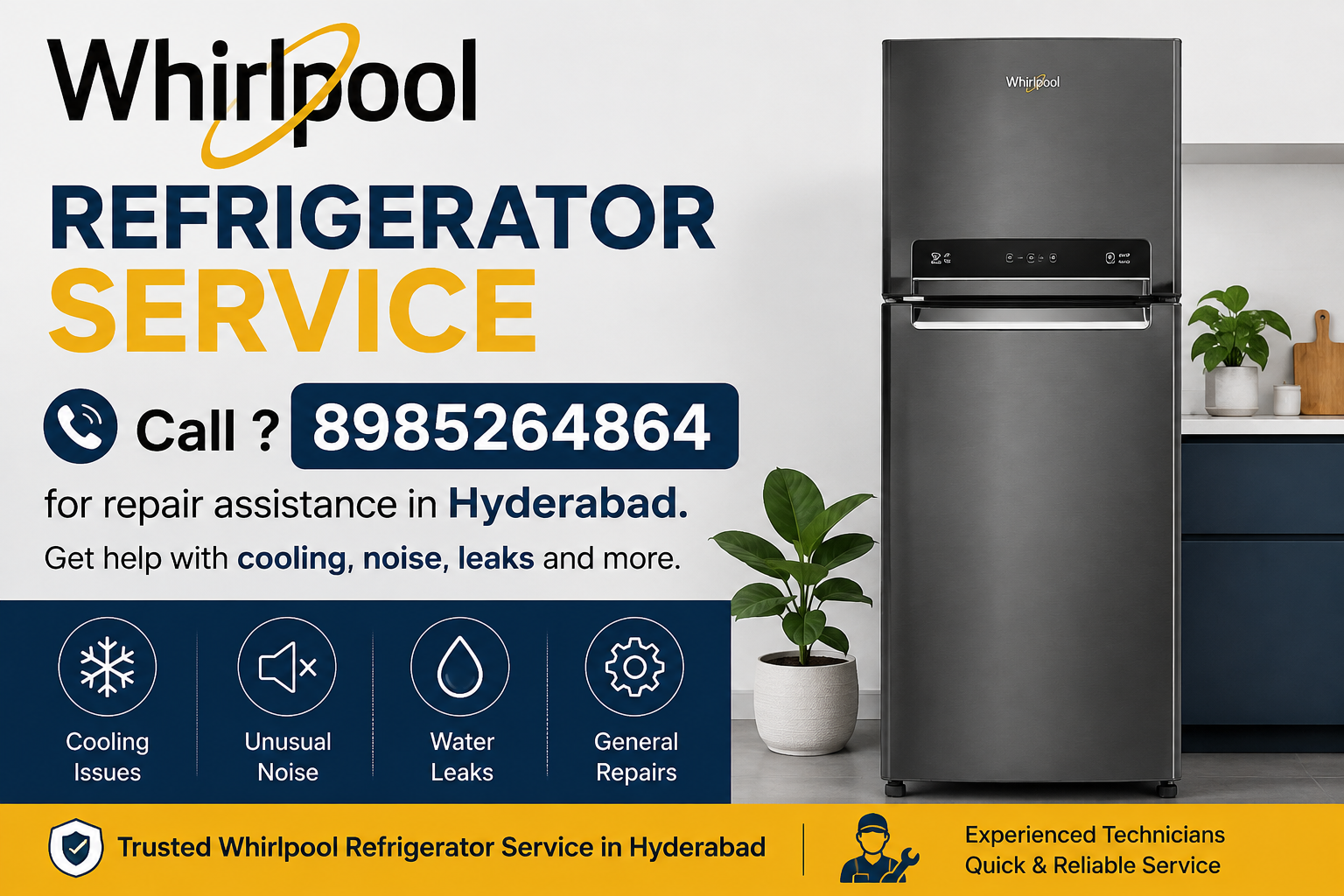 Whirlpool Refrigerator Service Call with phone number 8985264864, offering repair assistance for cooling issues, unusual noise, water leaks, and general refrigerator repairs.