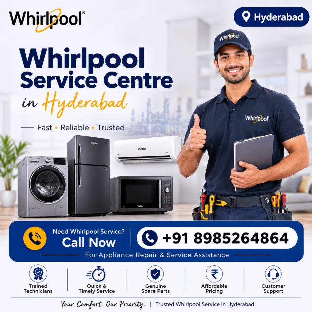 Whirlpool Service Centre Care Number offering appliance repair and service assistance, with a technician and Whirlpool appliances.